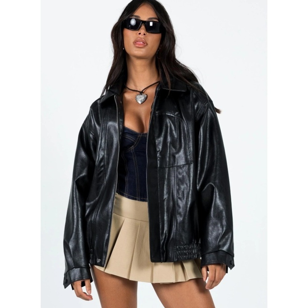 Princess Polly Devija Oversized Black Vegan Leather Bomber Jacket Full Zip 10